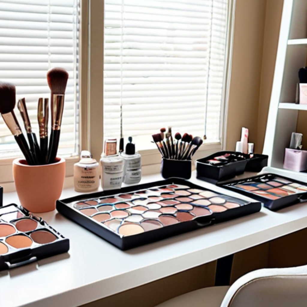 **

A makeup artist's workstation. The scene is brightly lit with natural light filtering through a window. The table is organized and features ergonomic design, with makeup brushes neatly arranged in containers, and various palettes and products within easy reach. A small potted plant and a framed print add a touch of personality. The overall impression is clean, professional, and inviting.

**
