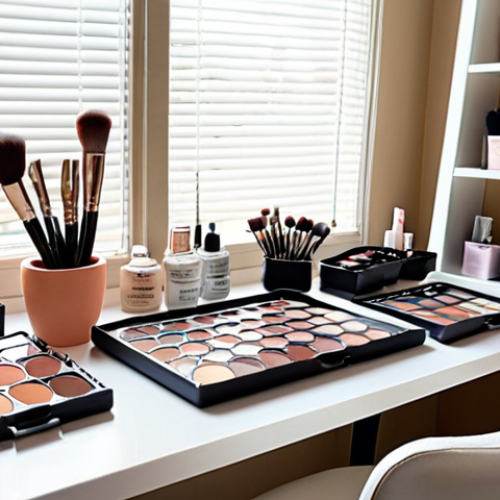 Home 15 **
A makeup artist's workstation. The scene is brightly lit with natural light filtering through a window. The table is organized and features ergonomic design, with makeup brushes neatly arranged in containers, and various palettes and products within easy reach. A small potted plant and a framed print add a touch of personality. The overall impression is clean, professional, and inviting.
**