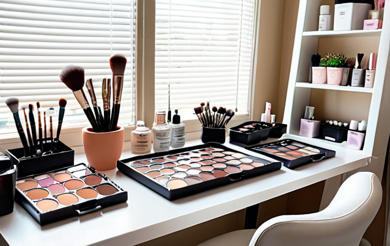 **
A makeup artist's workstation. The scene is brightly lit with natural light filtering through a window. The table is organized and features ergonomic design, with makeup brushes neatly arranged in containers, and various palettes and products within easy reach. A small potted plant and a framed print add a touch of personality. The overall impression is clean, professional, and inviting.
**