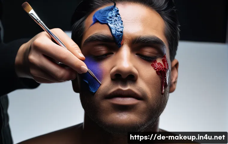 메이크업아티스트의 특수 분장 사례 - A close-up portrait of a professional special effects makeup artist applying realistic wound effects...