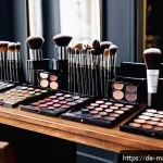 메이크업아티스트를 위한 해외 연수 과정 - A professional makeup artist workshop set in a stylish Parisian studio, featuring diverse models wit...
