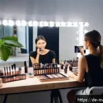 메이크업아티스트 커리어 플랜 작성법 - A professional makeup artist&rsquo;s creative studio scene, showing a well-lit modern workspace with mirro...