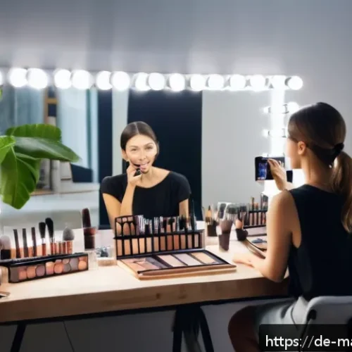 메이크업아티스트 커리어 플랜 작성법 - A professional makeup artist&rsquo;s creative studio scene, showing a well-lit modern workspace with mirro...