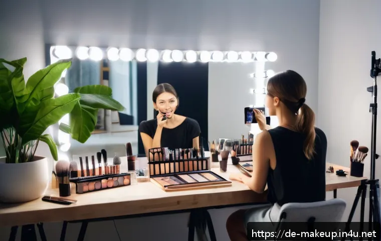 메이크업아티스트 커리어 플랜 작성법 - A professional makeup artist&rsquo;s creative studio scene, showing a well-lit modern workspace with mirro...